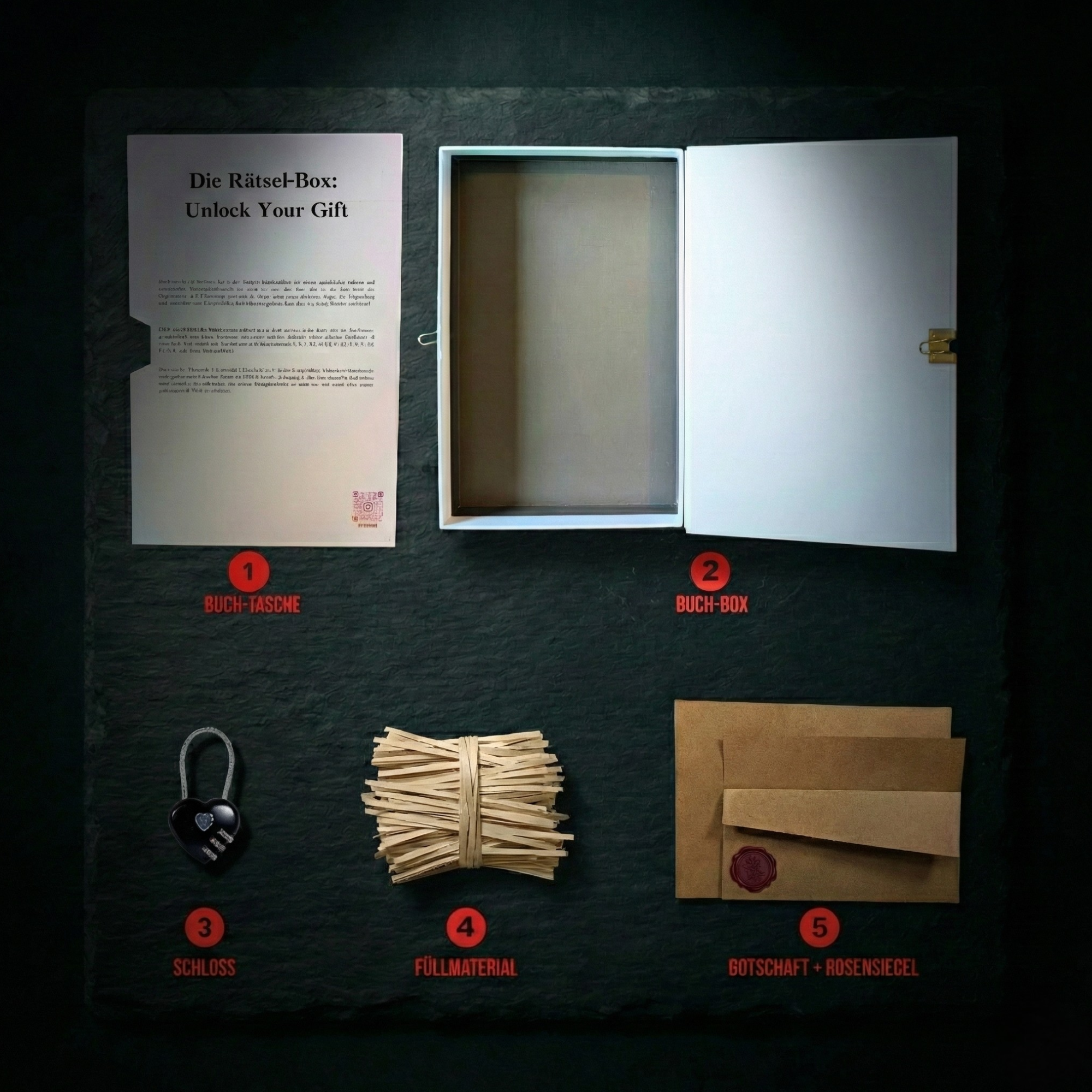 Riddle-Me DIY Geschenkbox Lieferumfang mit Buchbox, Zahlenschloss, Füllmaterial, Briefpapier und Wachssiegel