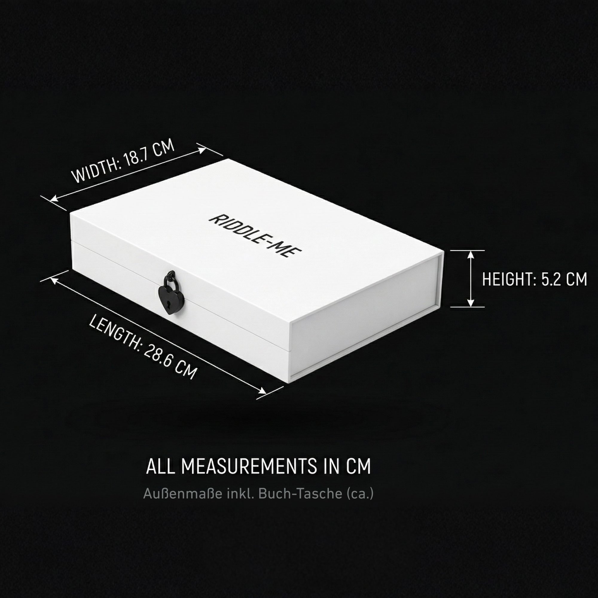Abmessungen der Riddle-Me Geschenkbox in Buchform – ca. 28,6 × 18,7 × 5,2 cm