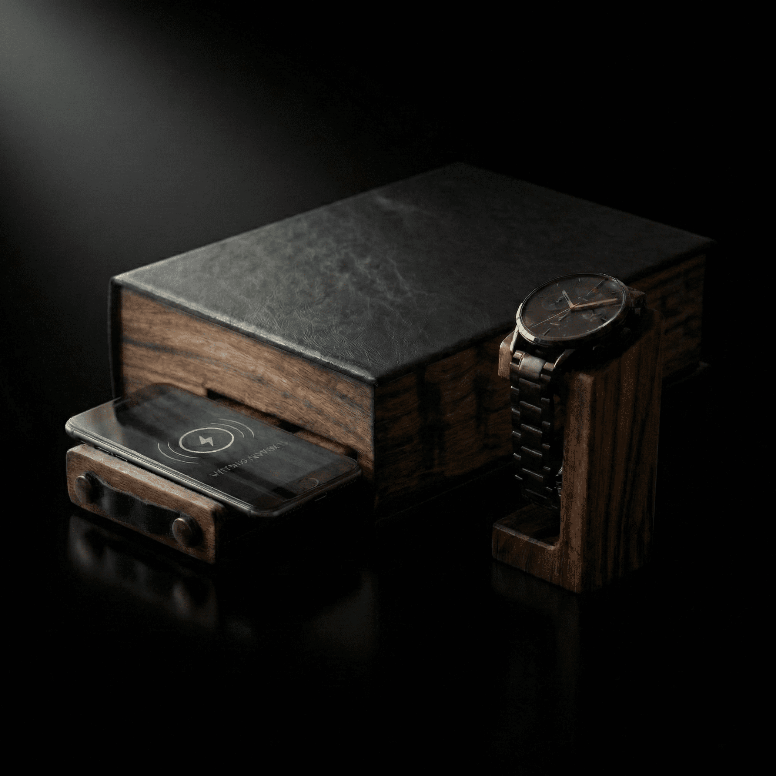 Walnut Wizard Desk Organizer aus Walnussholz mit Buchdeckel, integrierter Lade-Schublade und Smartwatch-Halter auf schwarzem Hintergrund