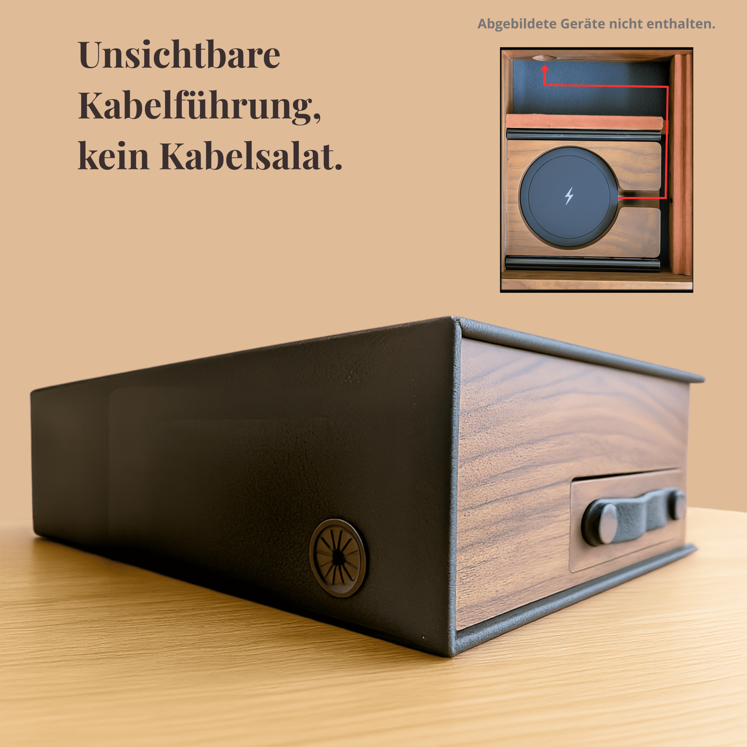 Unsichtbare Kabelführung im Walnut Wizard Desk Organizer mit integriertem Fach für Qi-Wireless-Ladepad