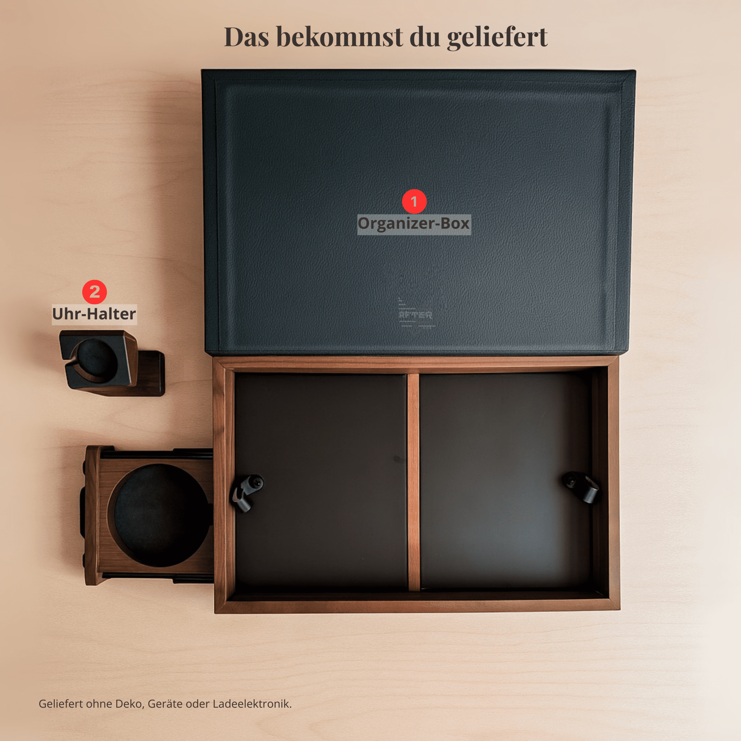 Lieferumfang Walnut Wizard: Organizer-Box mit Innenfächern und separater Smartwatch-Halter aus Walnussholz