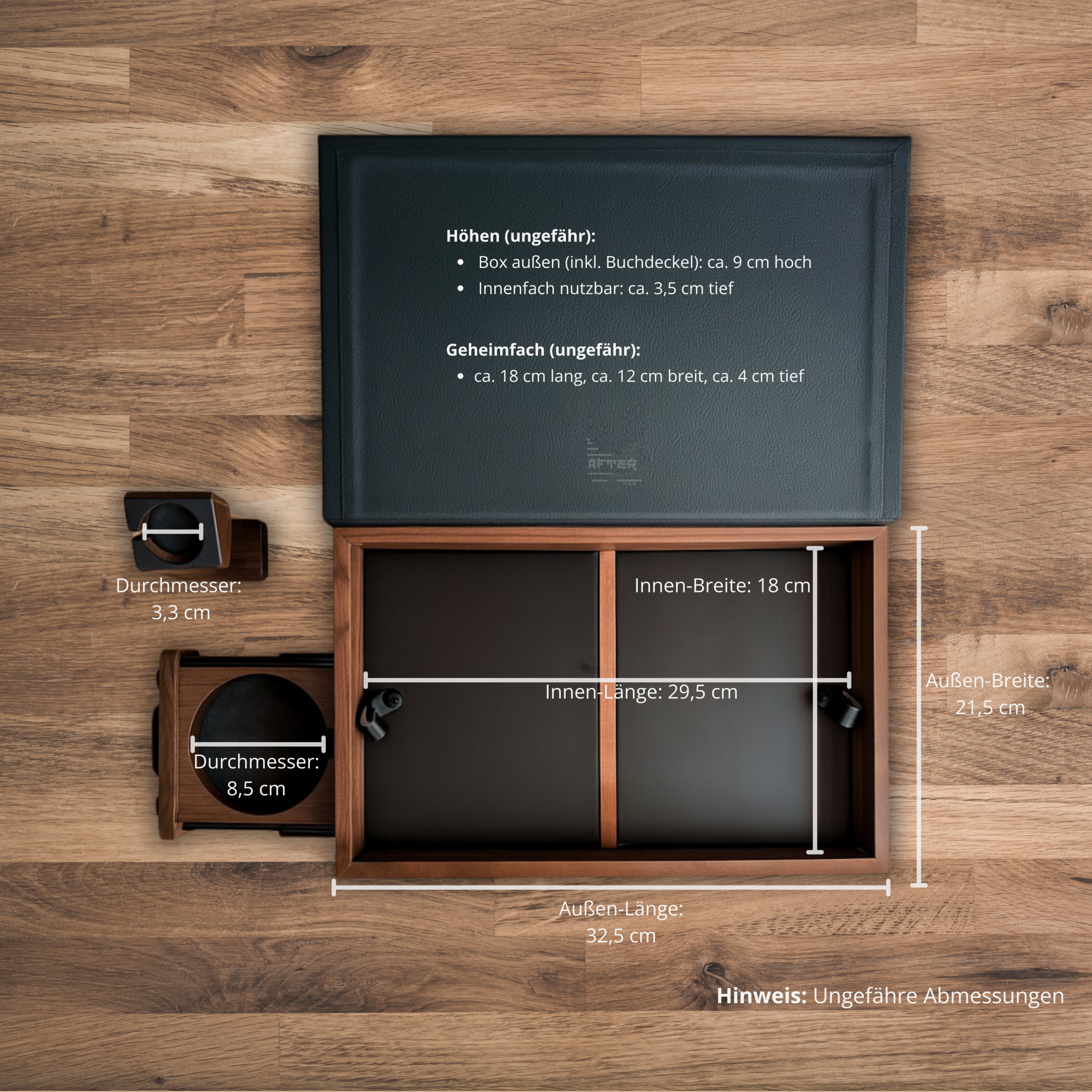 Abmessungen des Walnut Wizard Organizers mit Maßangaben zu Außenmaßen, Innenfächern und Ladeflächen